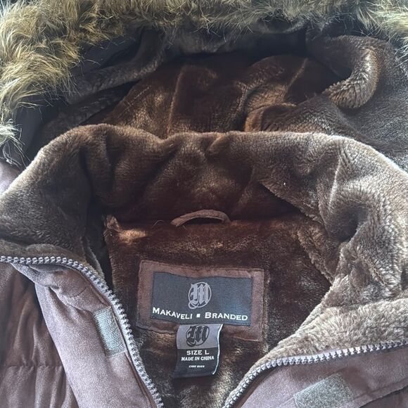 Vintage Makaveli Branded Tupac RARE Brown Puffer Jacket Hood Heavyweight L *READ - Picture 9 of 16